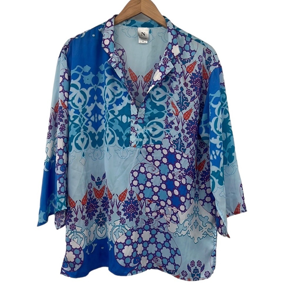 Natori Sleep Shirt Womens Medium Blue Asian Inspired 3/4 Sleeve Sleepwear